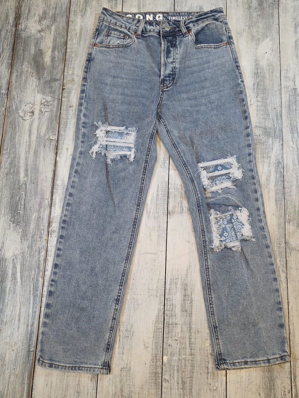S.O.N.G Timeless Fit Women's Light Wash Distressed Straight Leg Jeans sz 1/25